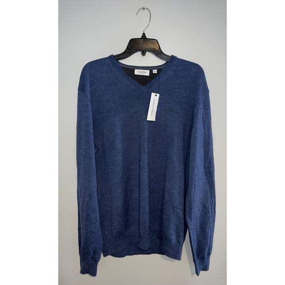 NWT Calvin Klein Extra Fine Merino Sweater Mens XL Blue V Neck MSRP $89.50 - Picture 1 of 7